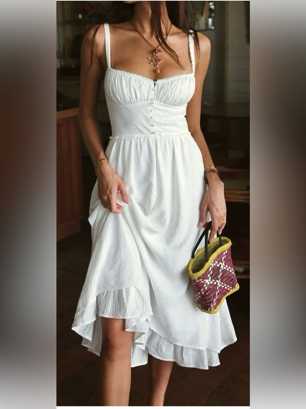 Alden White High-Low Midi Dress with Button Bodice